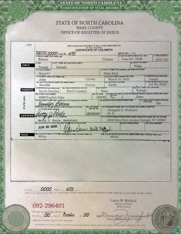 Download USA North Carolina birth cert Photoshop template